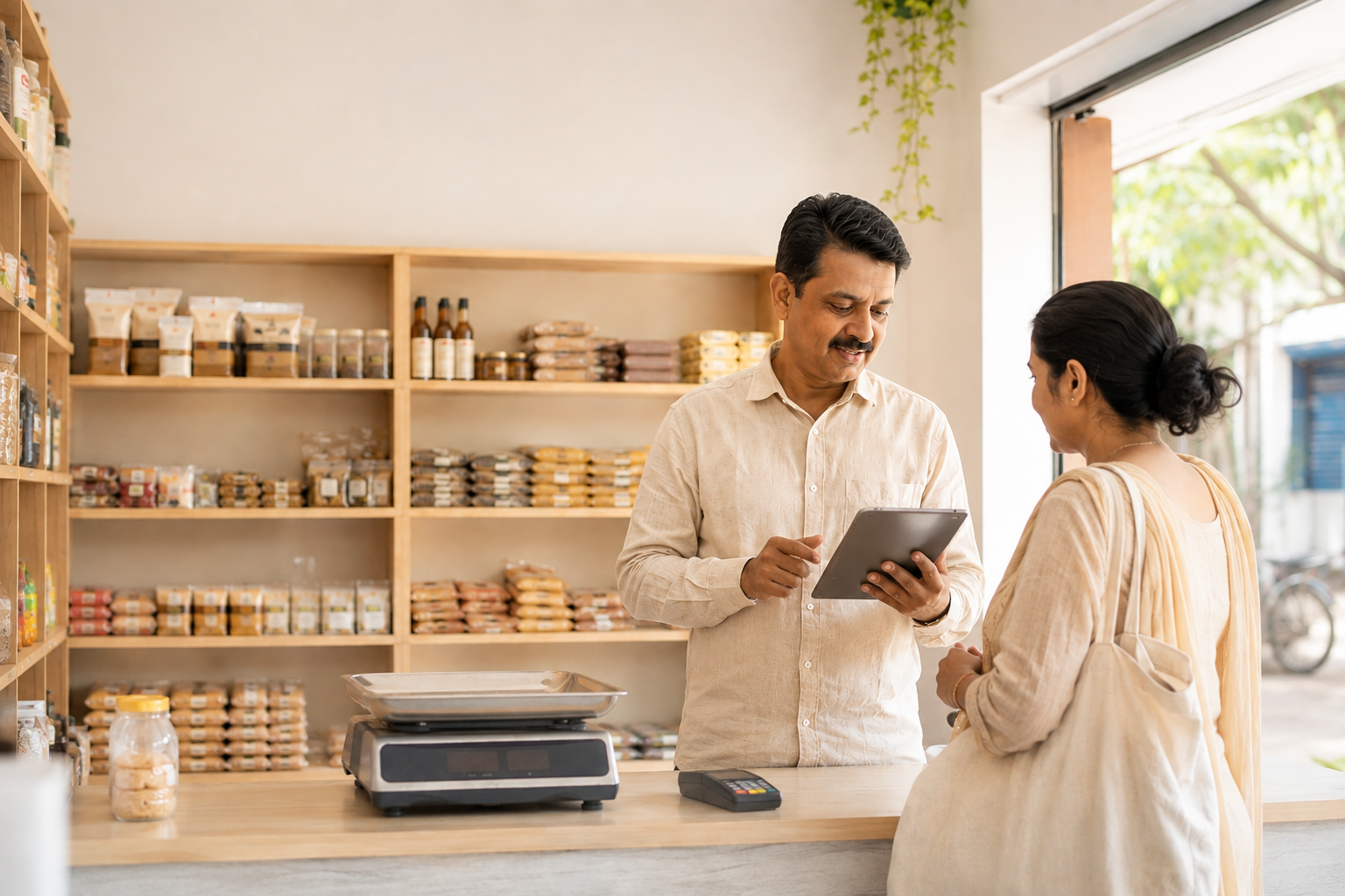 A shopkeeper using a tablet at a small shop counter.